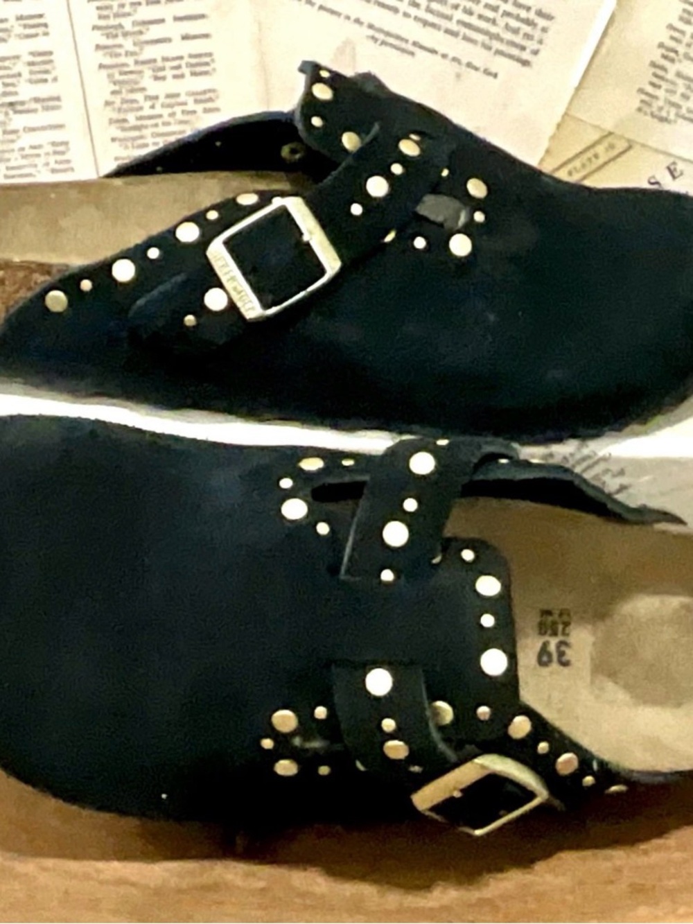 Free People Birkenstock Boston Rivets Clog Black Suede Brass Matte Studs - Picture 3 of 9